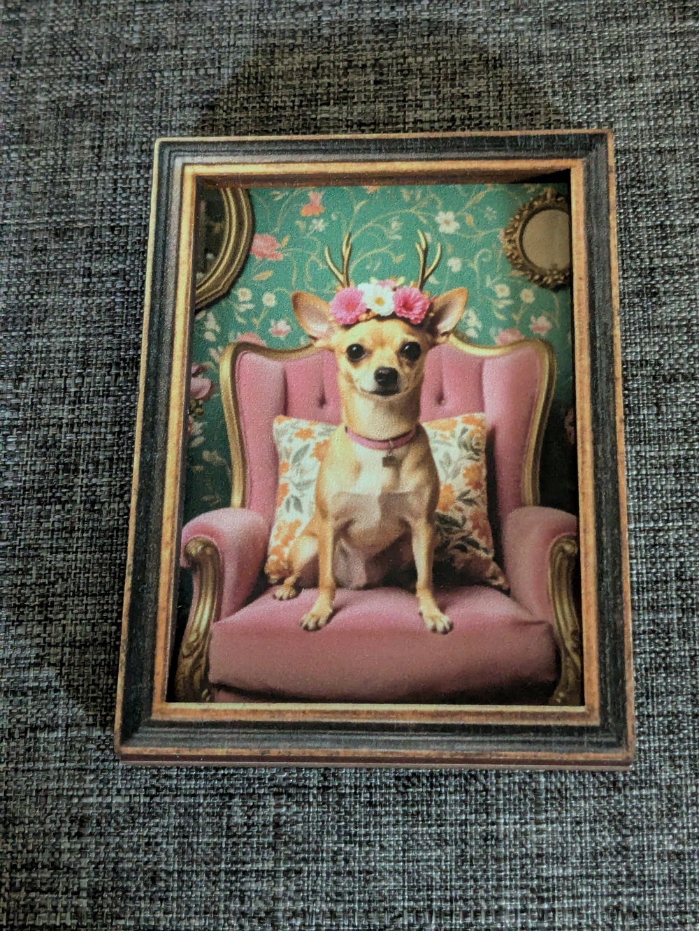 Charming dog art print magnet featuring a chihuahua sitting on a pink chair.